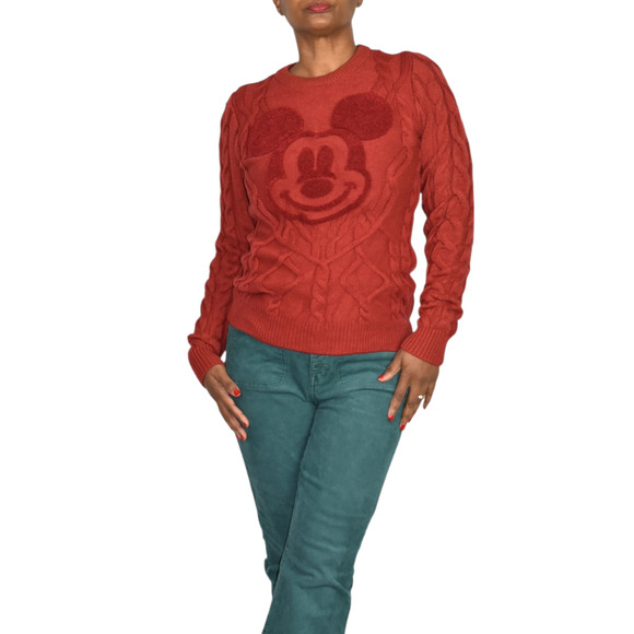 Disney Parks Mickey Mouse Cable Knit Sweater Red Pullover Textured Crew Neck XS - Picture 13 of 14